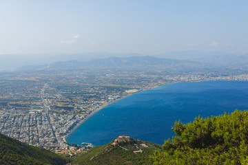 Panoramic view of Loutraki and Aegean sea, Greece in a summer day