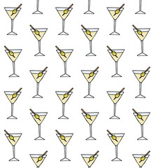 Vector seamless pattern of hand drawn doodle sketch colored martini cocktail isolated on white background