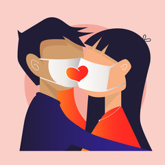 Couple in medical face. Front view people silhouette. Black vector icon