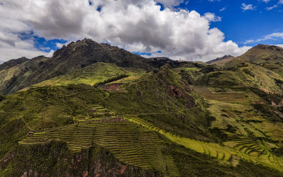 Aerial view of some part of The Archeological Site of Pisac (Inca Sacred Valley of Peru) . Picture shot on January of 2020. This part of the site is visible from the Pisac village.