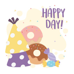 happy day, party hats donuts and candies cartoon