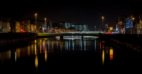 Beautiful night view scene Cork city center old town Ireland cityscape reflection river Lee