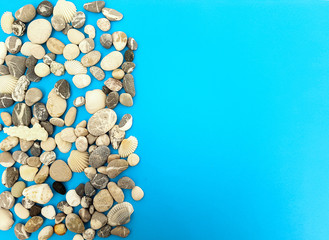 Sea stones and shells on a blue background, top view. Summer concept.