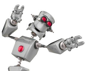 funny grey robot cartoon happy dance in a white background
