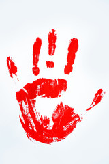 Red hand print on white background