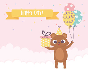 happy day, little bear with gift and balloons cartoon