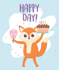 happy day, little fox with cake and candy in stick