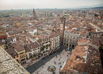 Fototapeta na wymiar View of Piazza Erbe in Verona from the Lamberti tower. Verona, Veneto, Italy