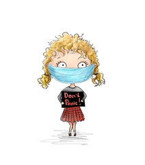 covid19 Girl with sign don't panic keep calm be healthy illustration digital art