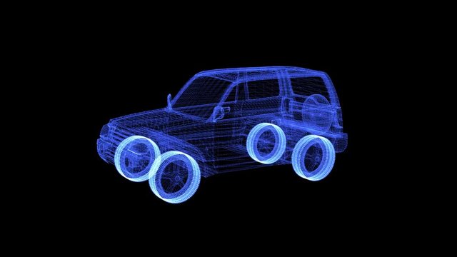 Hologram of a rotating modern mini Suv. 3D animation of coupe Sport Utility Vehicle on a black background with a seamless loop