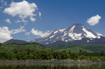Llaima volcano and Conguillio lake in the Conguillio National Park.