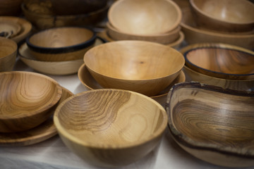 Wooden bowls food plates made of oak, pine