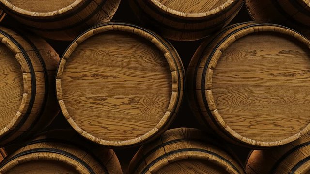 Wine or Whiskey barrels stacked at the winery. Looped animation.