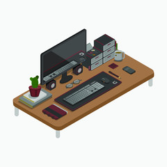 Isometric workplace concept with computer, mobile phone, laptop and office equipment. Vector illustration. Student isometric desk with different things with cactus, mouse and books.