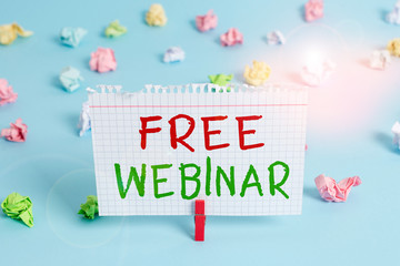 Word writing text Free Webinar. Business photo showcasing free workshop or seminar that is...