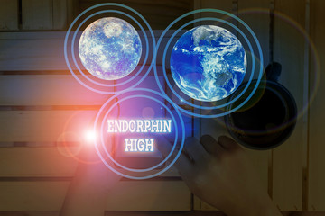 Conceptual hand writing showing Endorphin High. Concept meaning trigger a positive feeling in the...