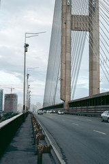Cable-stayed bridge with road and cars