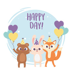 happy day, bear rabbit and fox with party hat balloons