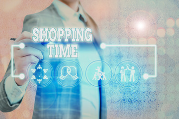 Word writing text Shopping Time. Business photo showcasing A period of time in which someone buys a...