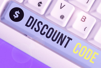 Conceptual hand writing showing Discount Code. Concept meaning Series of letters or numbers that...