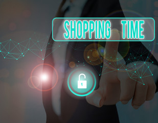 Writing note showing Shopping Time. Business concept for A period of time in which someone buys a...