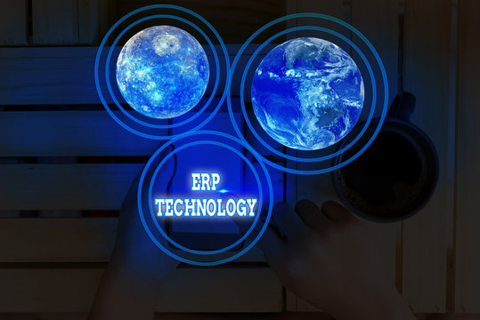 Conceptual hand writing showing Erp Technology. Concept meaning the integrated management of main business processes Elements of this image furnished by NASA