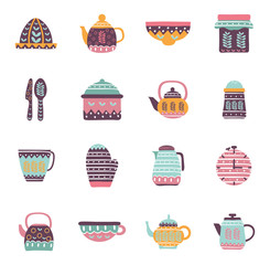 Cook and kitchen decorative elements flat style icon set vector design