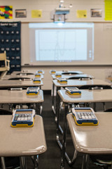Classroom desks with calculators