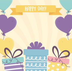 happy day, gift boxes balloons shaped hearts ribbon decoration