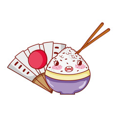 kawaii rice in bowl sticks food fan japanese cartoon, sushi and rolls