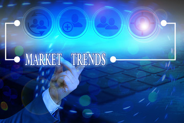Conceptual hand writing showing Market Trends. Concept meaning Changes and developments in buying...
