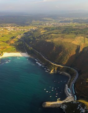 Vertical aerial shot of a beautiful landscape in Barizo Galicia Spain