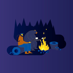 Tourist and bear grill marshmallow at campfire. Cartoon vector illustration