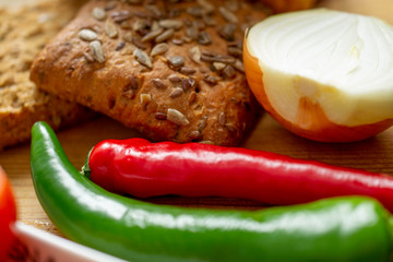 onions chilli peppers rustic bread