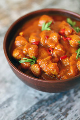 Vegan curry in a bowl. Soya meat curry. Healthy food. Vegan diet.