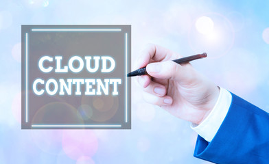 Conceptual hand writing showing Cloud Content. Concept meaning Standalone platform or supported by...
