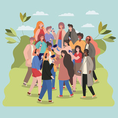 Girls and boys with smartphones at park vector design