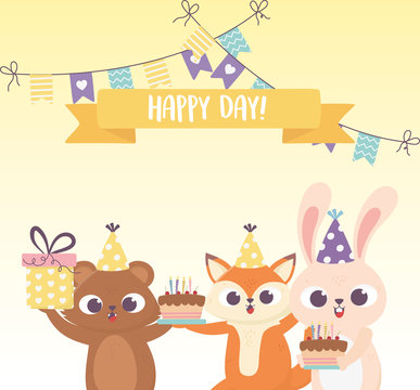 happy day, fox rabbit and bear with hats cakes gift