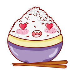 kawaii adorable rice in bowl food japanese cartoon, sushi and rolls
