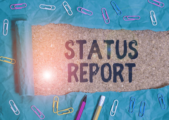Text sign showing Status Report. Business photo showcasing document relating a situation of something such as a project