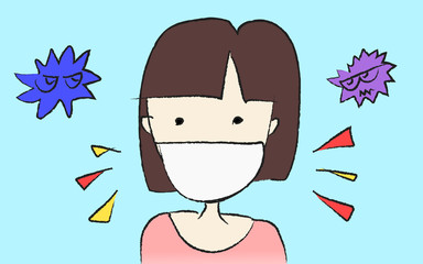 感染予防/ウイルス対策にマスク。ゆるいイラスト