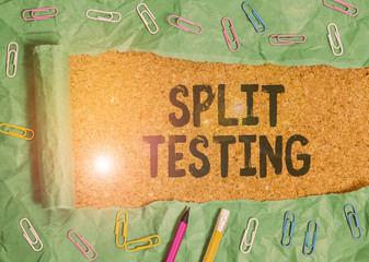 Text sign showing Split Testing. Business photo showcasing issuing the traffic of a website between...