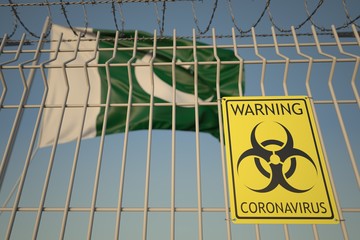 Coronavirus biohazard sign with flag of Pakistan as a background. Pakistani Quarantine, conceptual 3D rendering