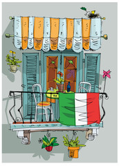 Italian flag on traditional mediterranean balcony as symbol of struggling with coronavirus pandemic. Cartoon. Sketch.