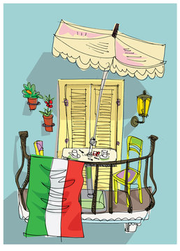 Italian flag on traditional mediterranean balcony as symbol of struggling with coronavirus pandemic. Cartoon. Sketch.