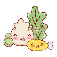 kawaii chicken tempura vegetables and dumpling japanese cartoon, sushi and rolls