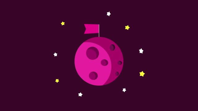 Cartoon planet with flag and stars around the planet video animation. A pink planet like a moon with craters in dark purple space. A flag is empty and with space for design. Flat cartoon vector illust