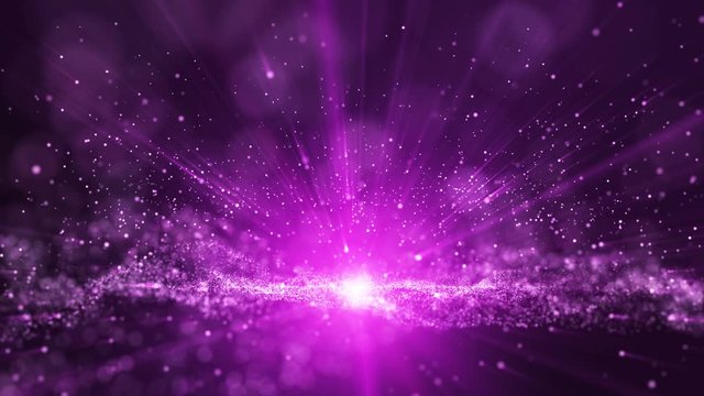 Animation of digital pink purple dust particles and light ray beam, Small sphere particle line rise up.