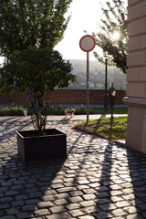 Sunset on a background of a hill in the old town