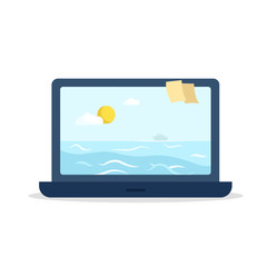 Laptop with sea view on screen. Sun, ship, clouds. Vector illustration isolated on white background